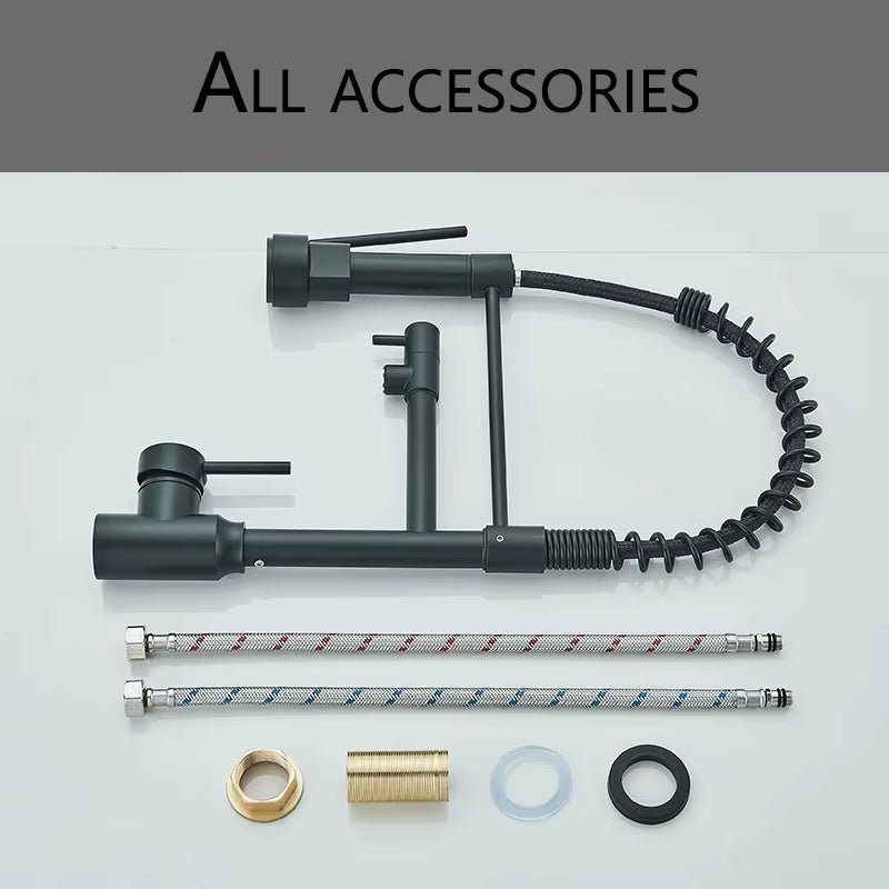 Black Kitchen Sink Faucet Pull down Hot and Cold Water Mixer2 Mode Tap with Dual Spout 360 Rotation Flexible Deck Mounted