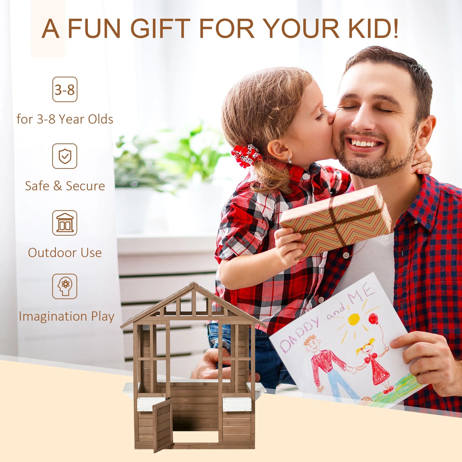 SunnyPlay Kids Outdoor Playhouse with Doors & Windows - Brown Wooden Garden Playhouse