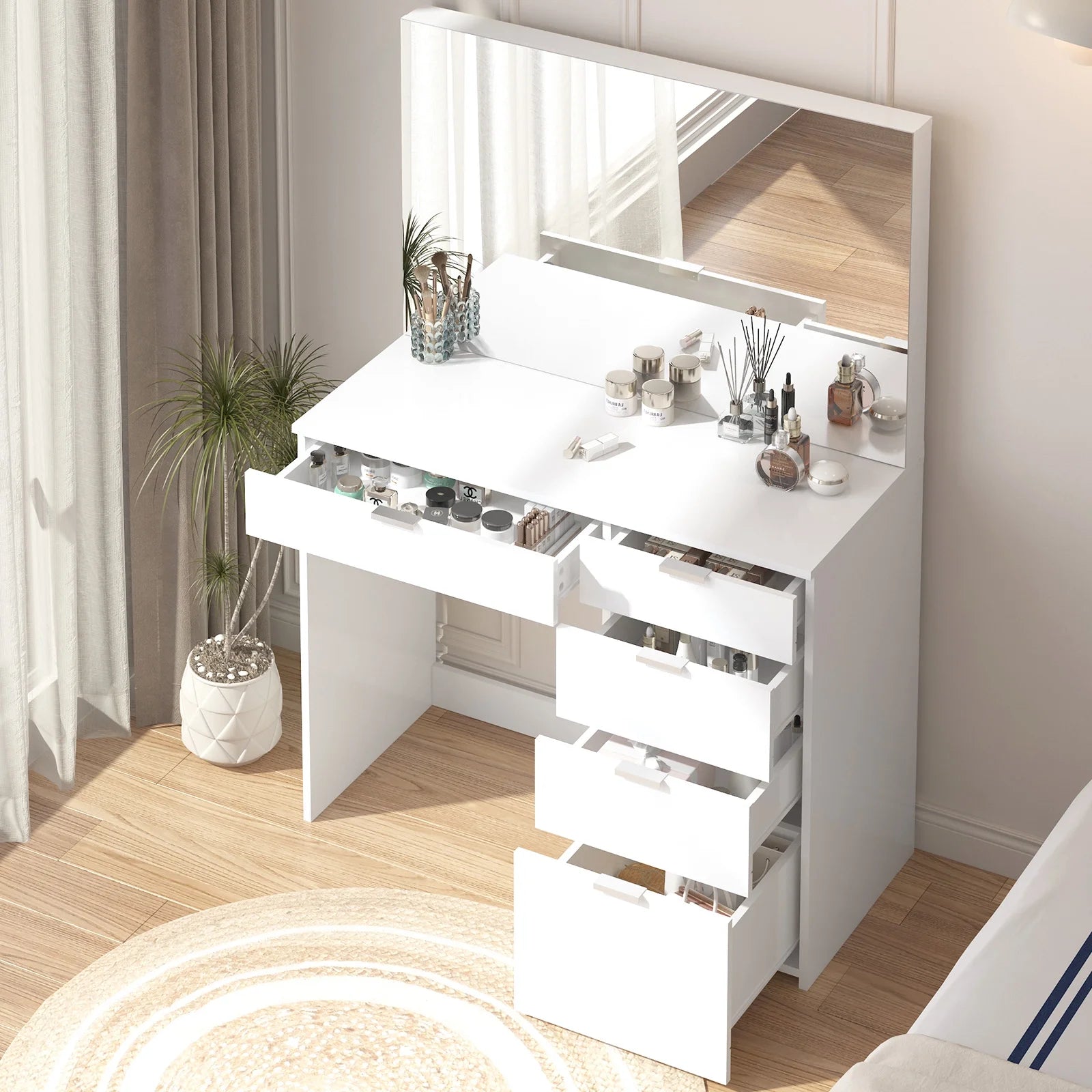 Elegance Vanity Desk with Spacious Mirror & 5 Drawers - White for Bedroom or Dressing Room
