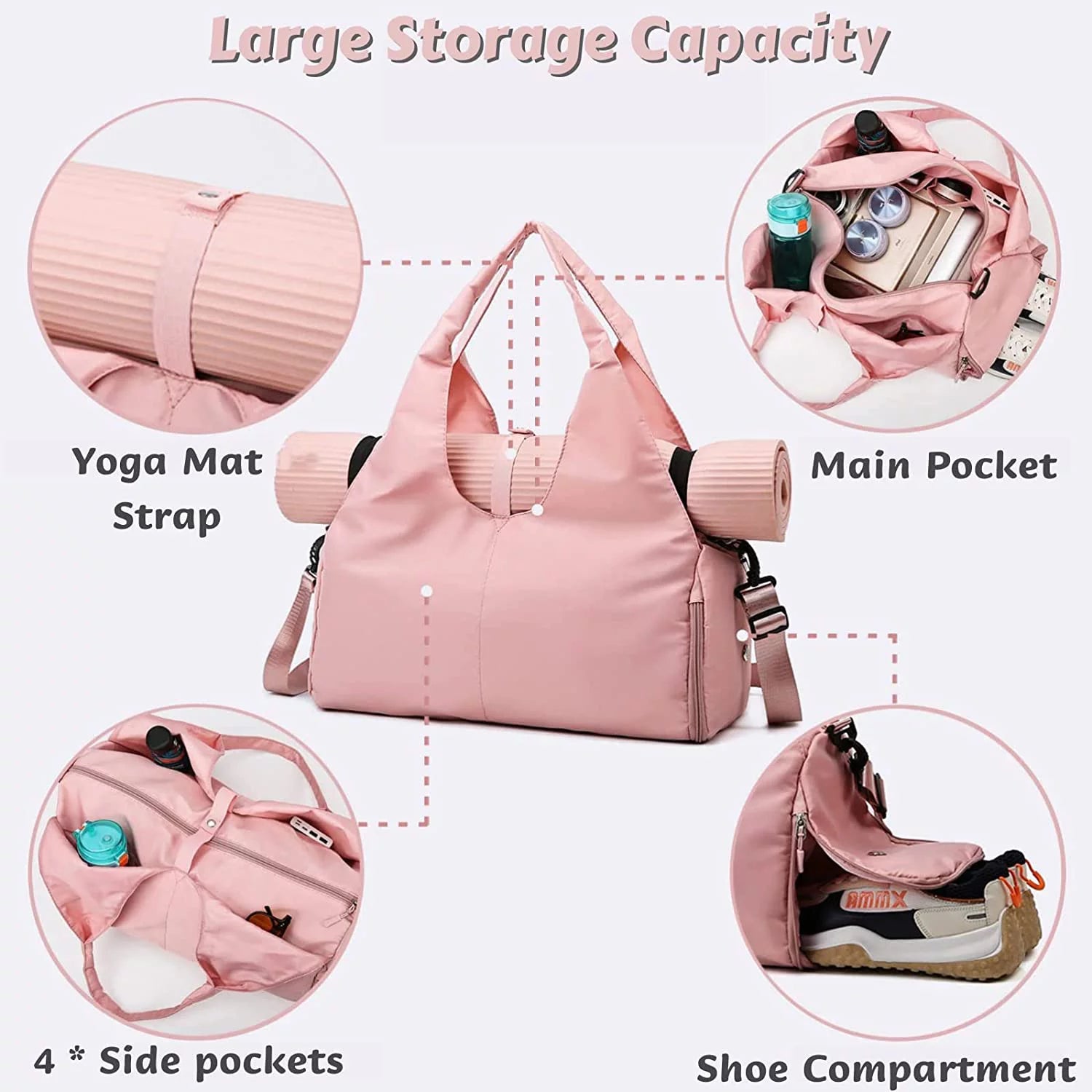 ActiveGlow Yoga Gym Bag - Women's Duffel with Mat Holder, Shoe Compartment & Wet Dry Pockets