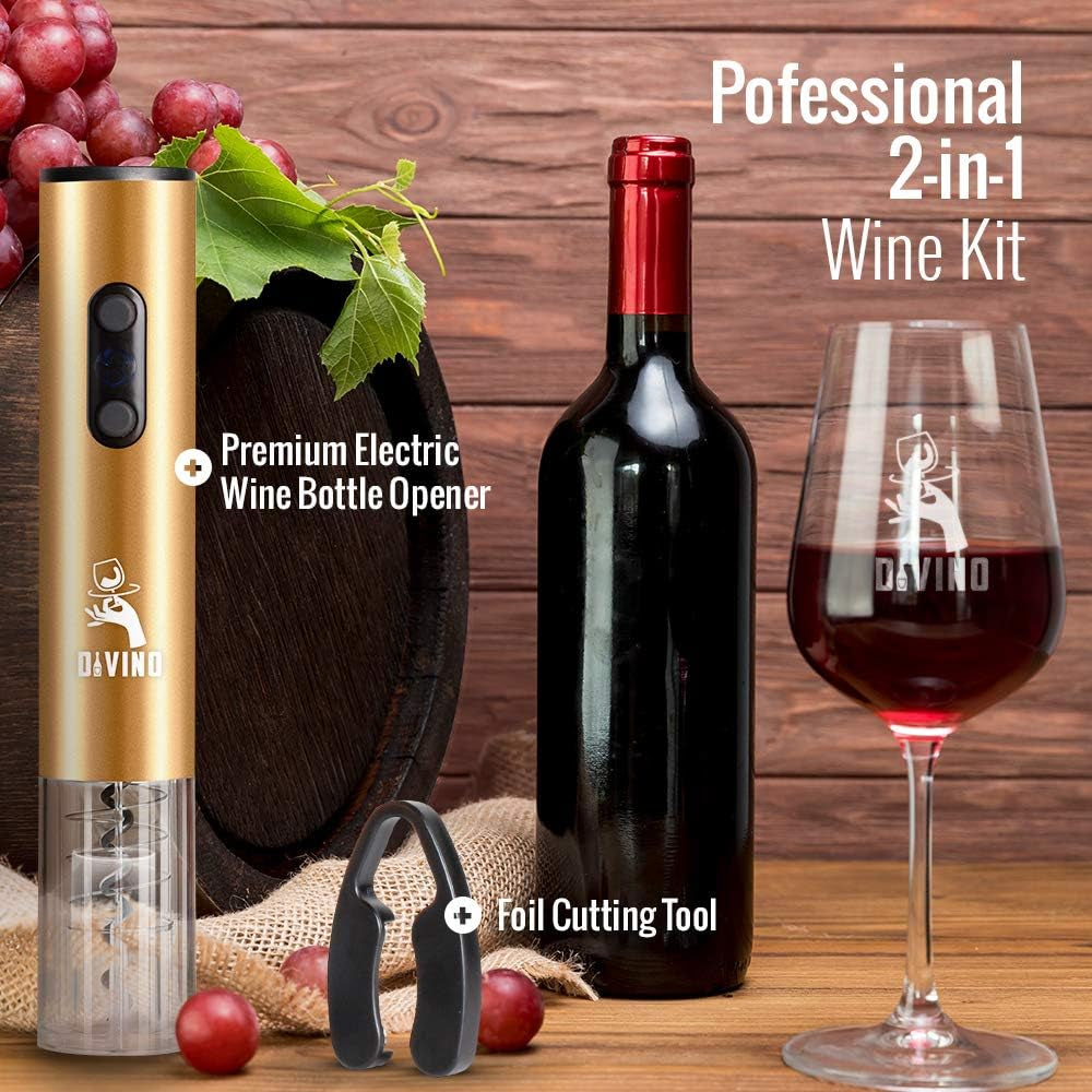 Powerful Electric Wine Opener Set – Cordless Electric Wine Bottle Opener with Foil Cutter – Automatic Wine Opener Electric Corkscrew – Battery Operated Electric Wine Openers – Deluxe Wine Gift Set