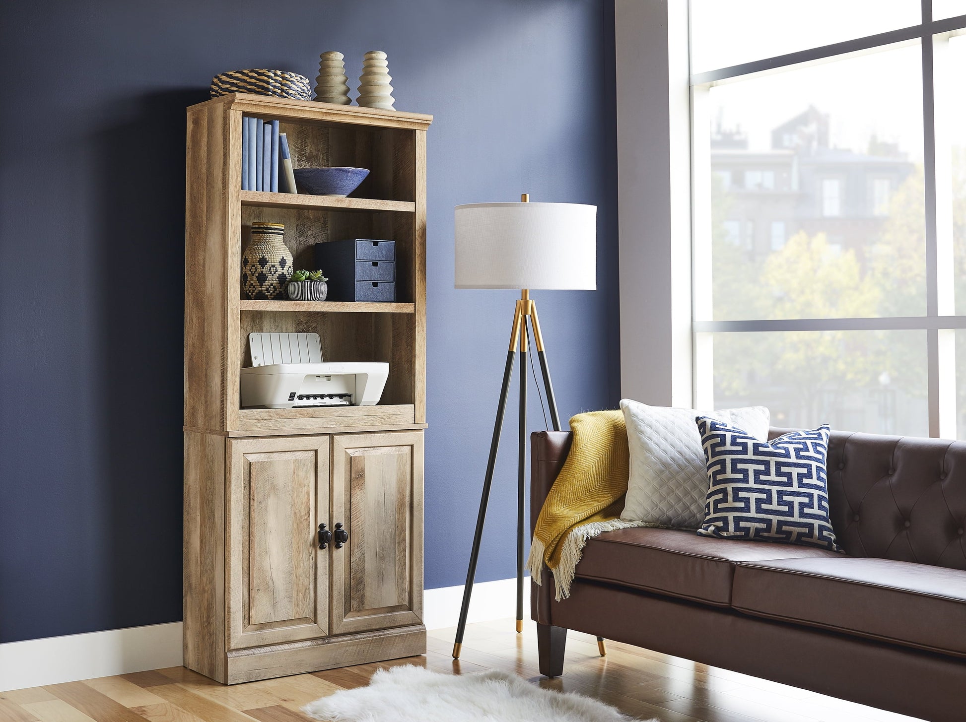 Crossmill 71" 5-Shelf Bookcase with Doors – Weathered Wood Finish, Stylish Storage Solution