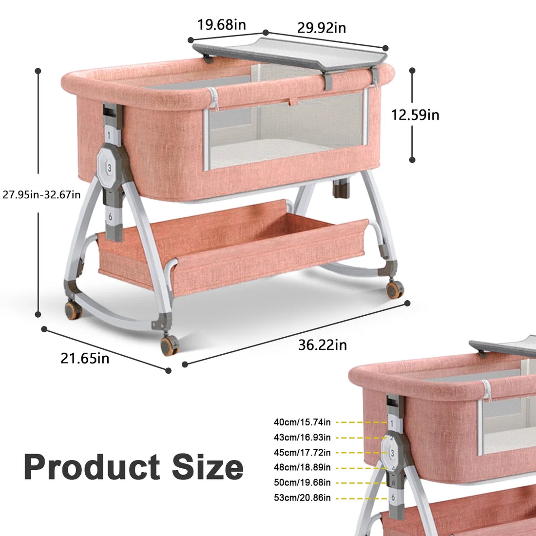 CozyNest Folding Baby Bassinet - Portable Travel Crib with Wheels, Pink