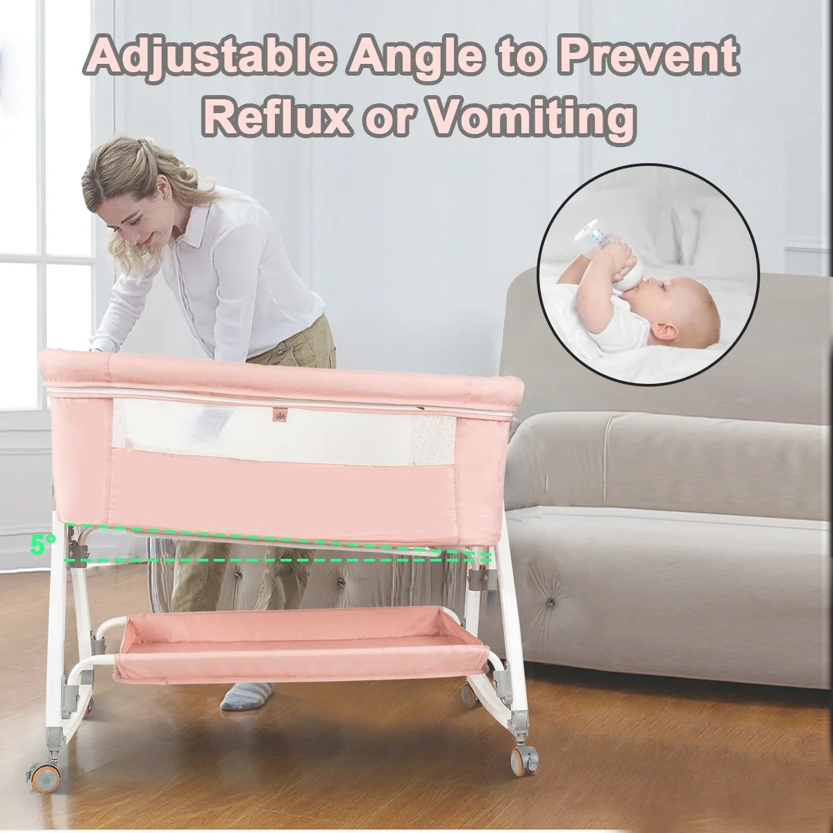 CozyNest Folding Baby Bassinet - Portable Travel Crib with Wheels, Pink