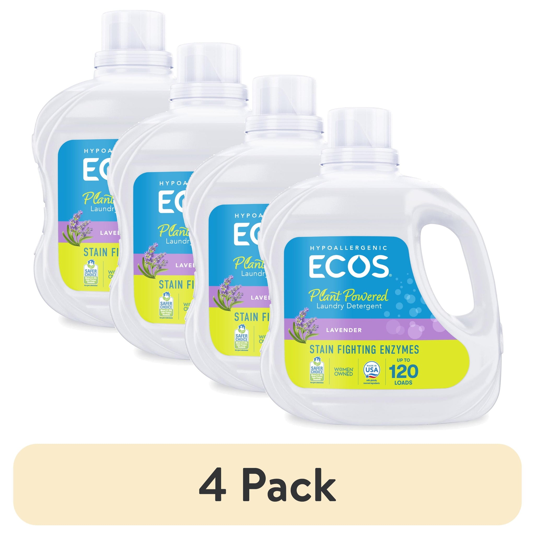 (4 Pack) Plant-Powered Hypoallergenic Laundry Detergent Liquid, 120 Loads, 110 Fl Oz – Lavender, Enzymes for Activewear, Pet Stains, Tough Odors