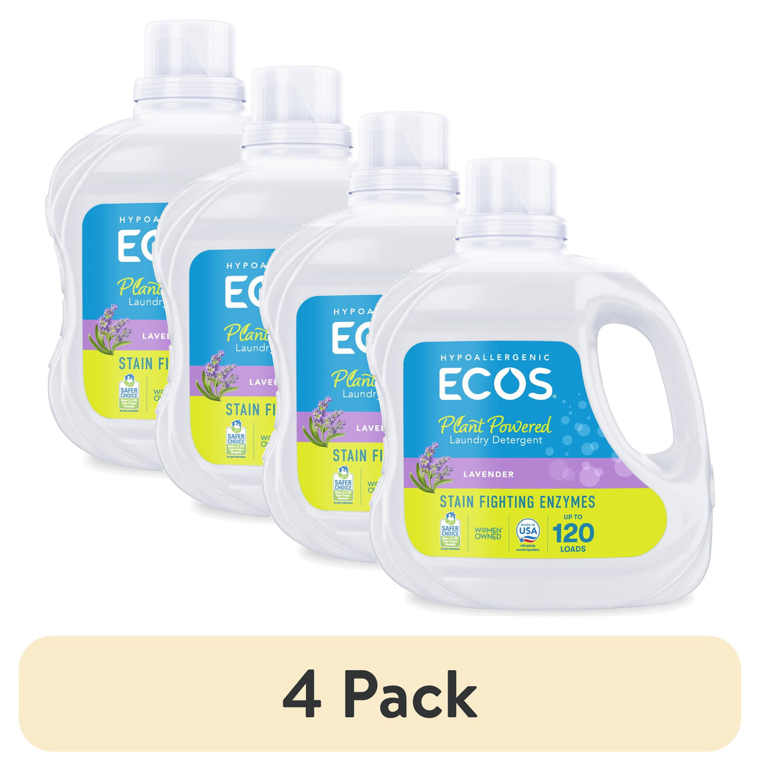 (4 Pack) Plant-Powered Hypoallergenic Laundry Detergent Liquid, 120 Loads, 110 Fl Oz – Lavender, Enzymes for Activewear, Pet Stains, Tough Odors