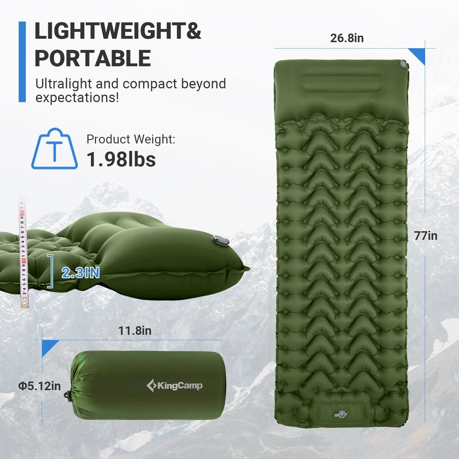 EverRest Inflatable Sleeping Pad with Foot Pump & Pillow – Durable, Compact Mattress for Camping & Hiking – Olive