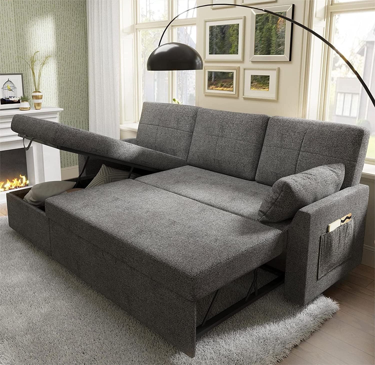 ChicSleep Sofa Bed - Sleeper Sofa with Storage Chaise & Pull-Out Couch in Gray Chenille