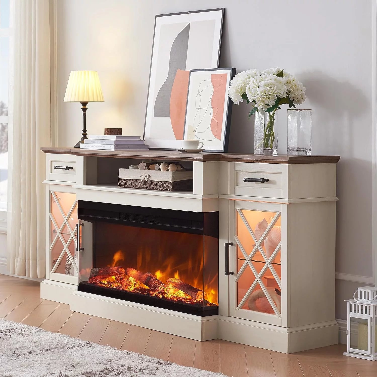 RusticFlame 70" 3-Sided Glass Farmhouse TV Stand with 36" Electric Fireplace for TVs up to 80