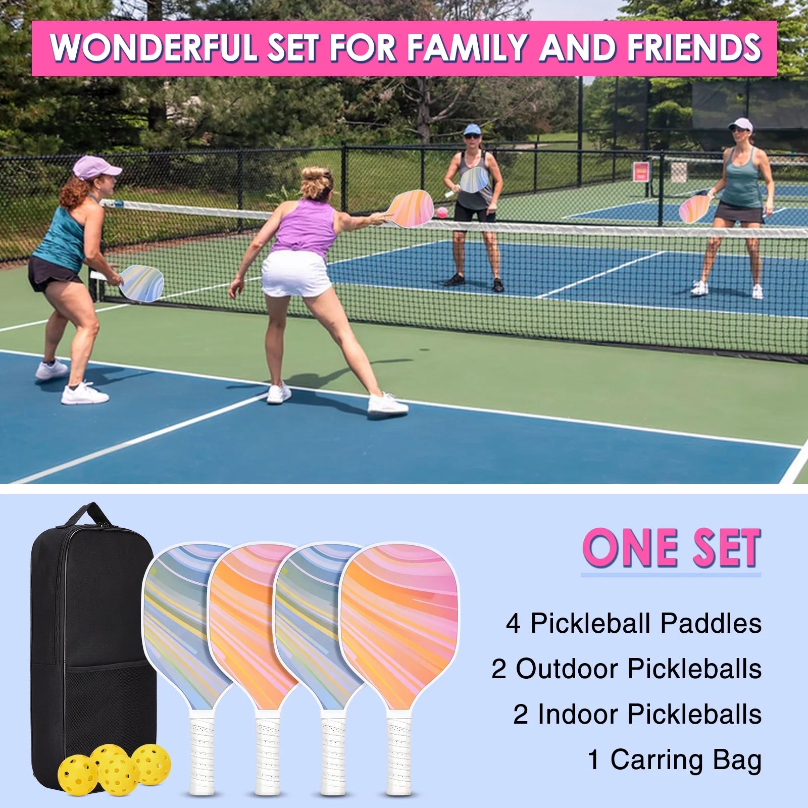 ProSpin USA Pickleball Paddle Set - 4 Paddles, 4 Balls & Convenient Carry Bag Included