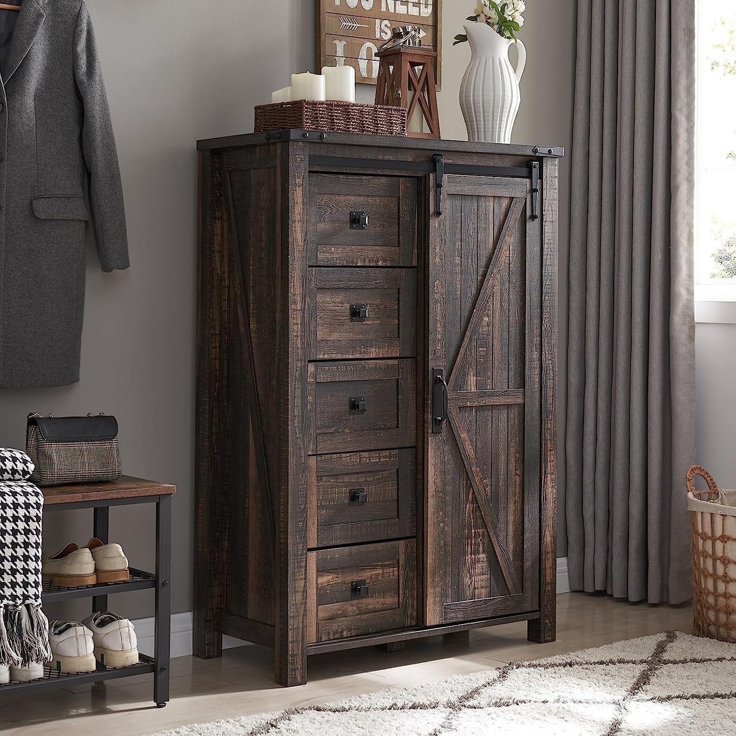 Rustic Charm 5-Drawer Dresser - Farmhouse Barn Door Storage Cabinet for Bedroom or Living Room