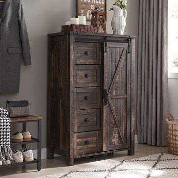 Rustic Charm 5-Drawer Dresser - Farmhouse Barn Door Storage Cabinet for Bedroom or Living Room