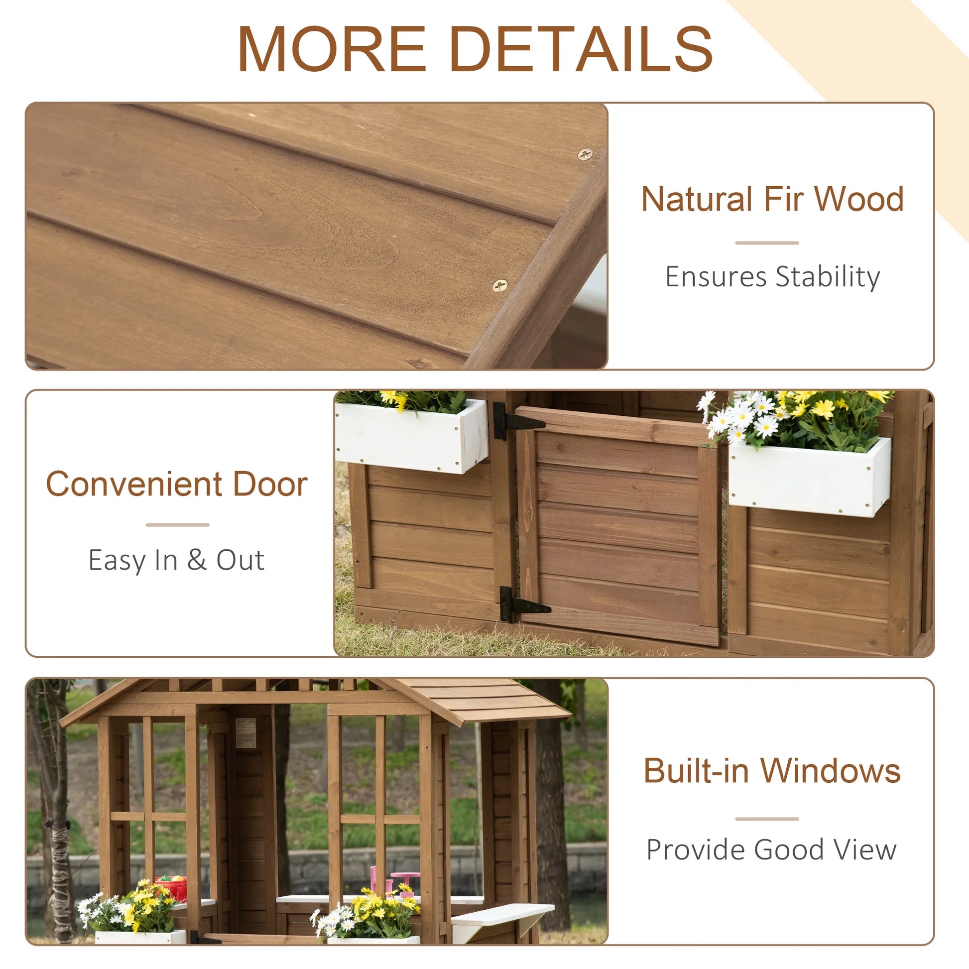 SunnyPlay Kids Outdoor Playhouse with Doors & Windows - Brown Wooden Garden Playhouse