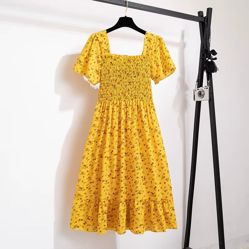 Spring Summer Chiffon Dress Women Midi Dressesfemale Short Sleeve Elastic Waist Printed Floral Pleated Backless Casual Dress