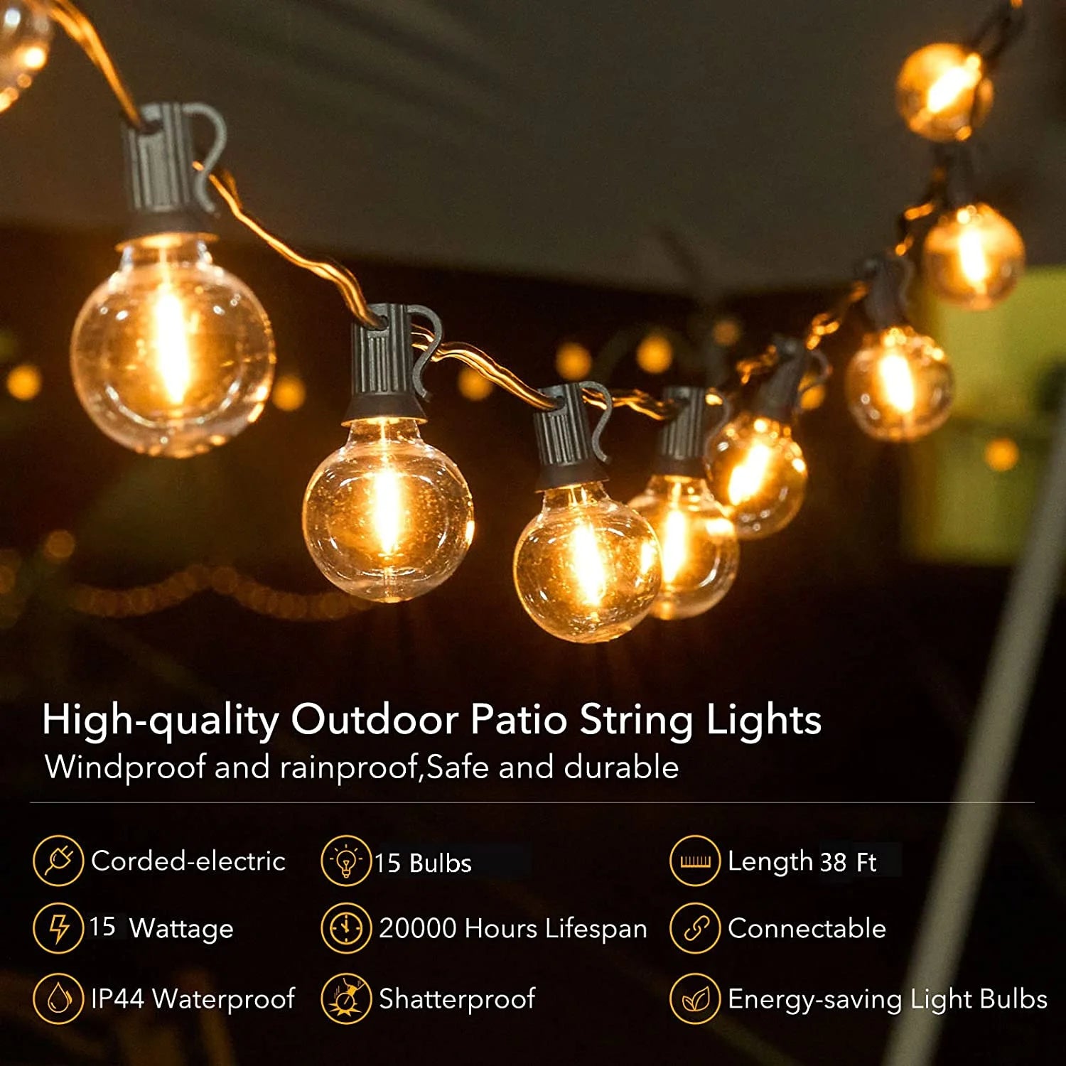 GlowAura 38FT LED Outdoor String Lights - Shatterproof G40 Globe Patio Lights for Garden, Christmas, Backyard