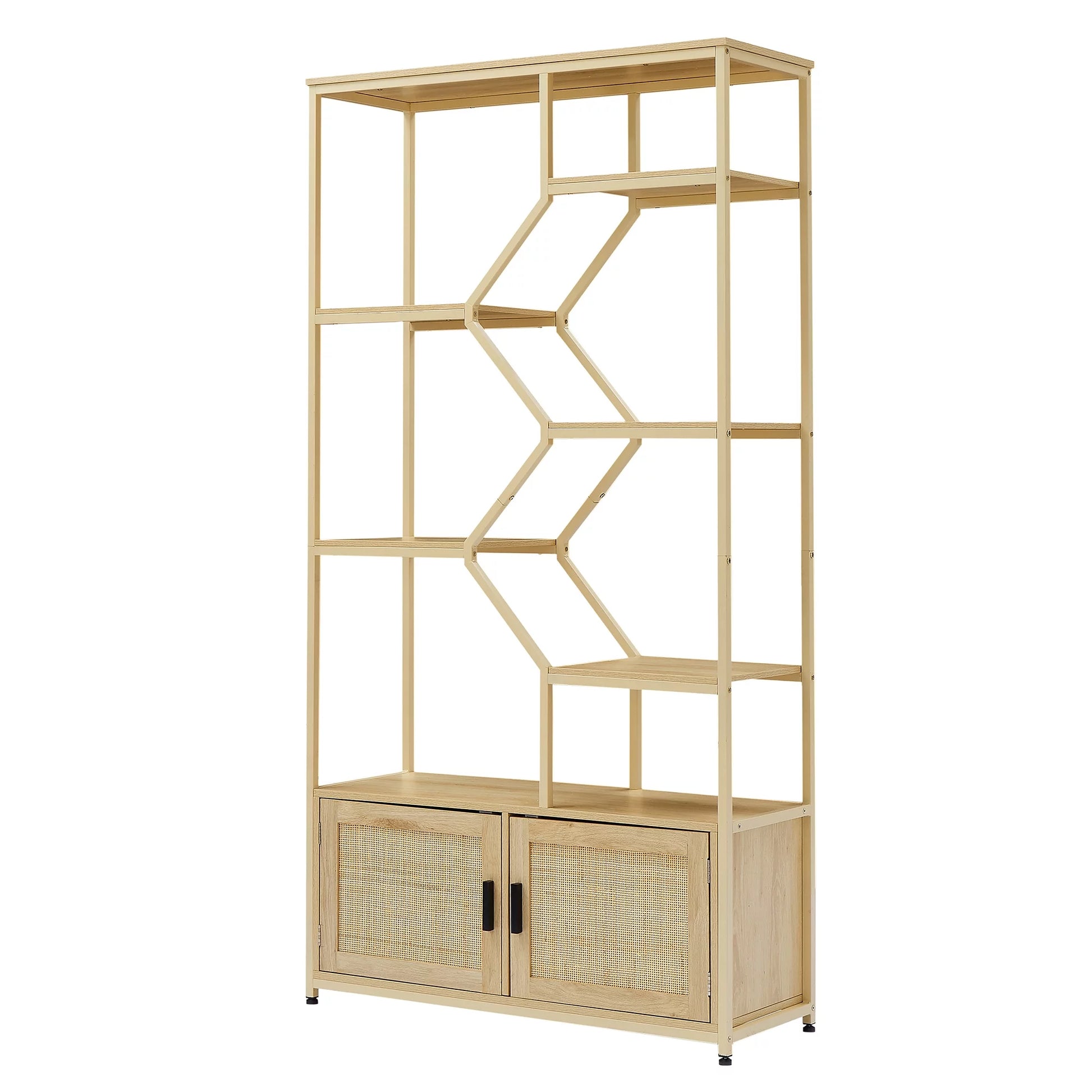 NaturalWood 7-Tier Rattan Bookshelf - Stylish Display & Storage Shelf for Living Room & Office