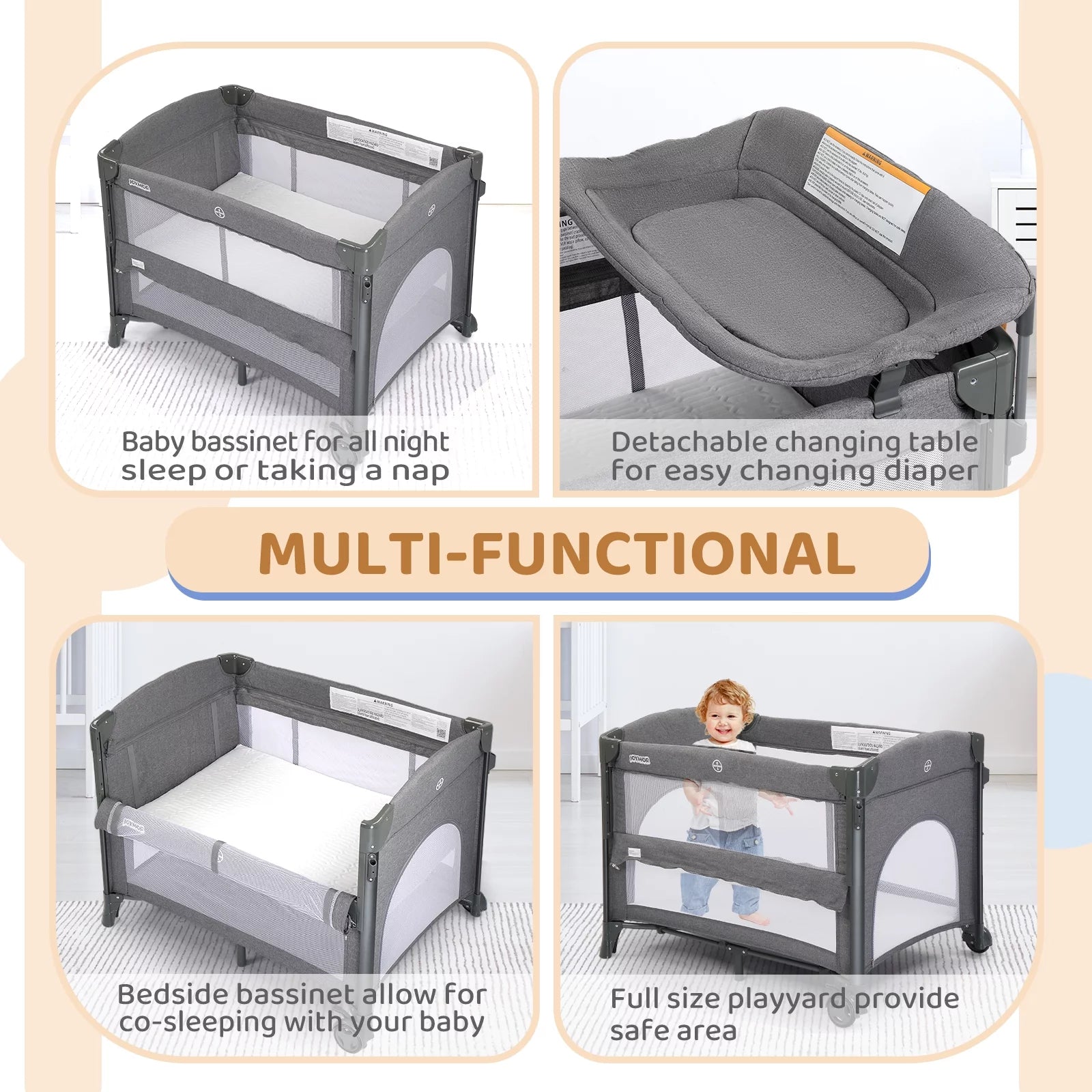 DreamNest 5-in-1 Baby Bassinet – Bedside Crib, Playpen, Changing Table for Unisex Infants