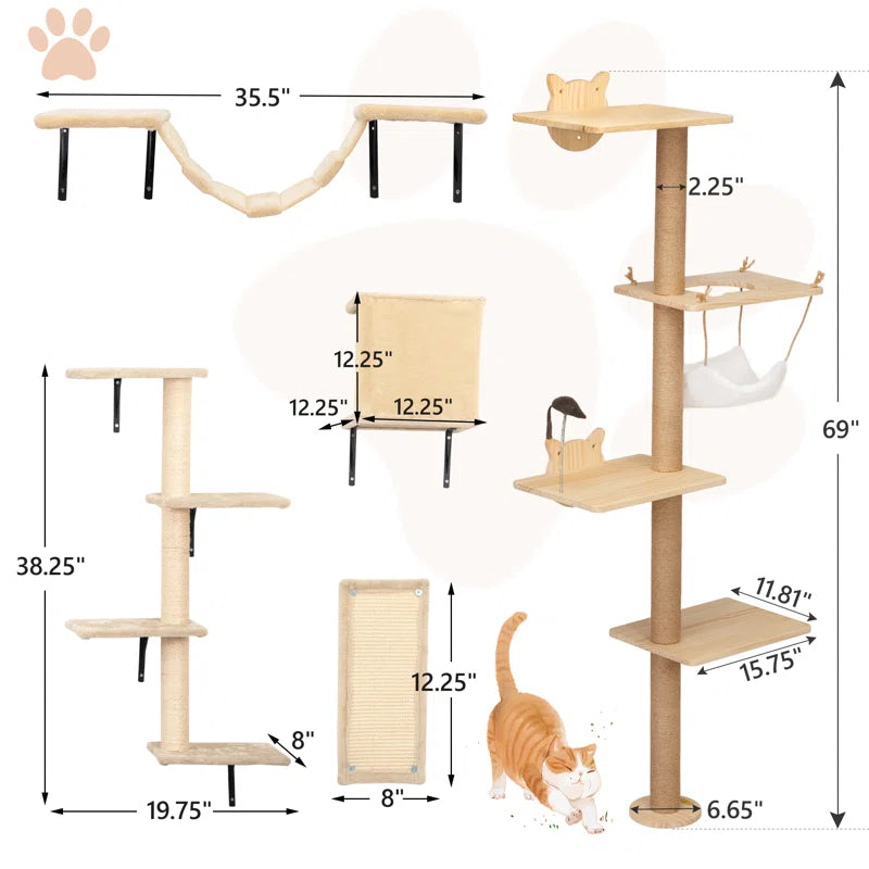 Damyanti Luxe Wall-Mounted Cat Tree - 6-Tier Shelved Climbing Center for Cats