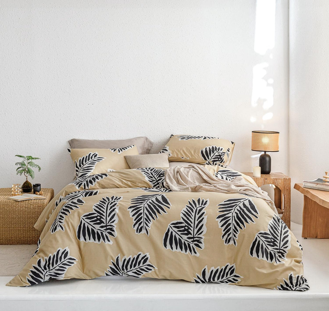 Khaki Tropical Duvet Cover Queen 100% Cotton Black White Leaves Duvet Cover 3 Pieces Set 1 Farmhouse Palm Botanical Duvet Cover with Zipper Ties 2 Pillowcases Plant Pattern Bedding