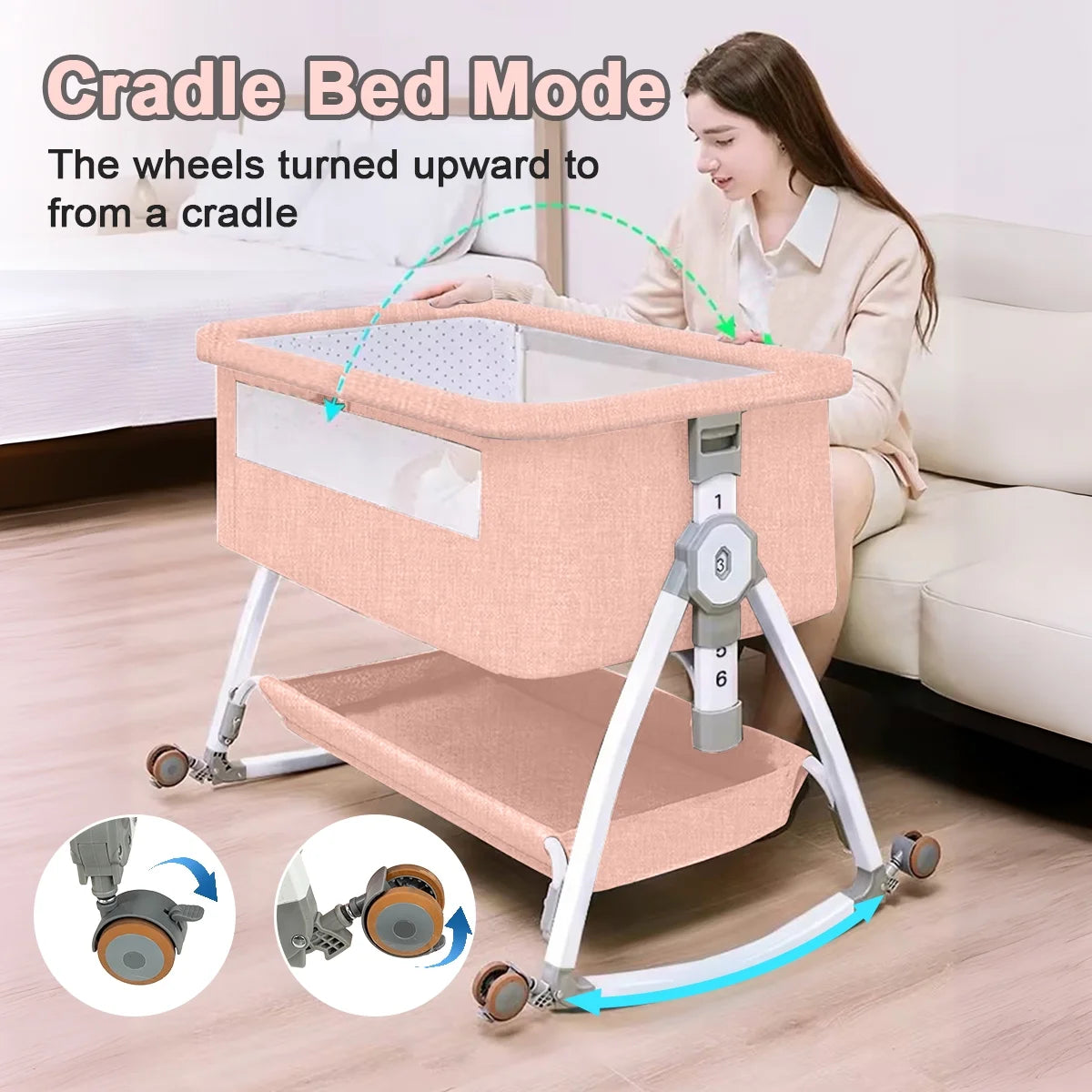 CozyNest Folding Baby Bassinet - Portable Travel Crib with Wheels, Pink