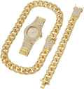 Cuban Hip-Hop Imitation Diamond Watch, Necklace, and Bracelet Set of 3 Pieces, Super Shiny, Suitable for Men and Women as Gifts,Gold-Plated Watch, 24Inch