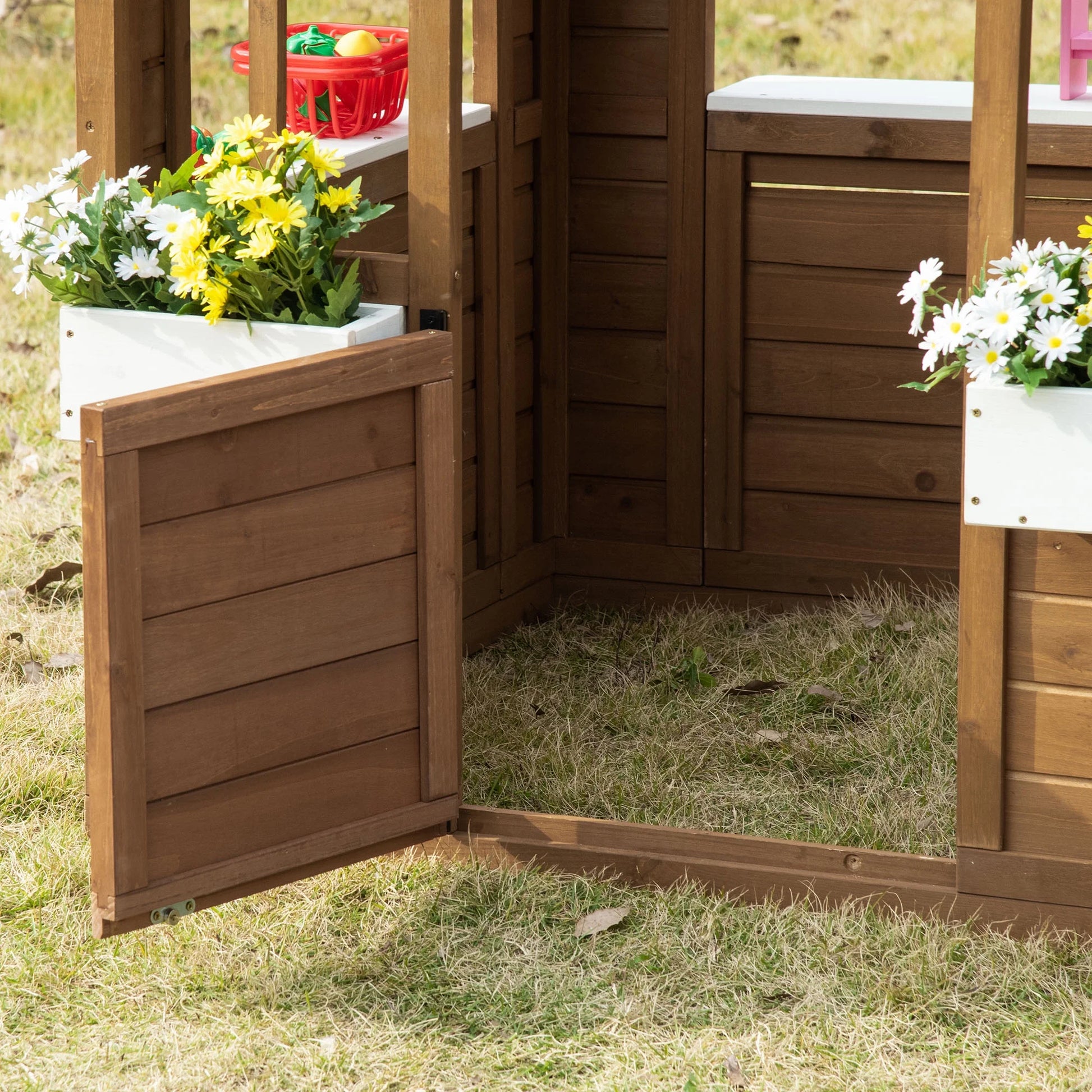 SunnyPlay Kids Outdoor Playhouse with Doors & Windows - Brown Wooden Garden Playhouse