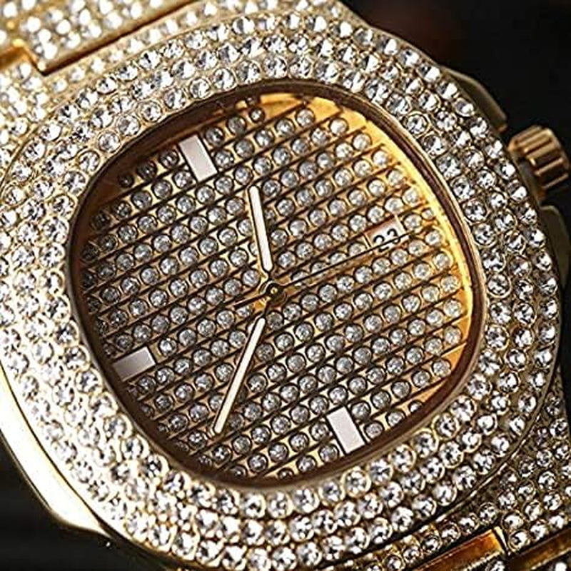 Cuban Hip-Hop Imitation Diamond Watch, Necklace, and Bracelet Set of 3 Pieces, Super Shiny, Suitable for Men and Women as Gifts,Gold-Plated Watch, 24Inch