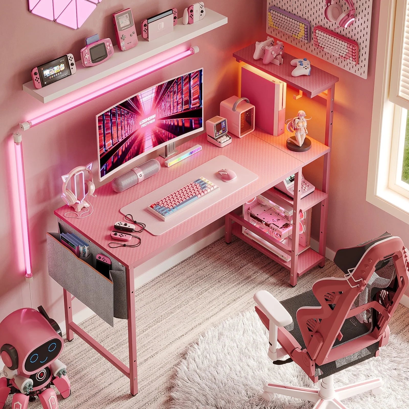 PixelGlow Gaming Desk - 52 Inch with LED Lights & Shelves in Pink