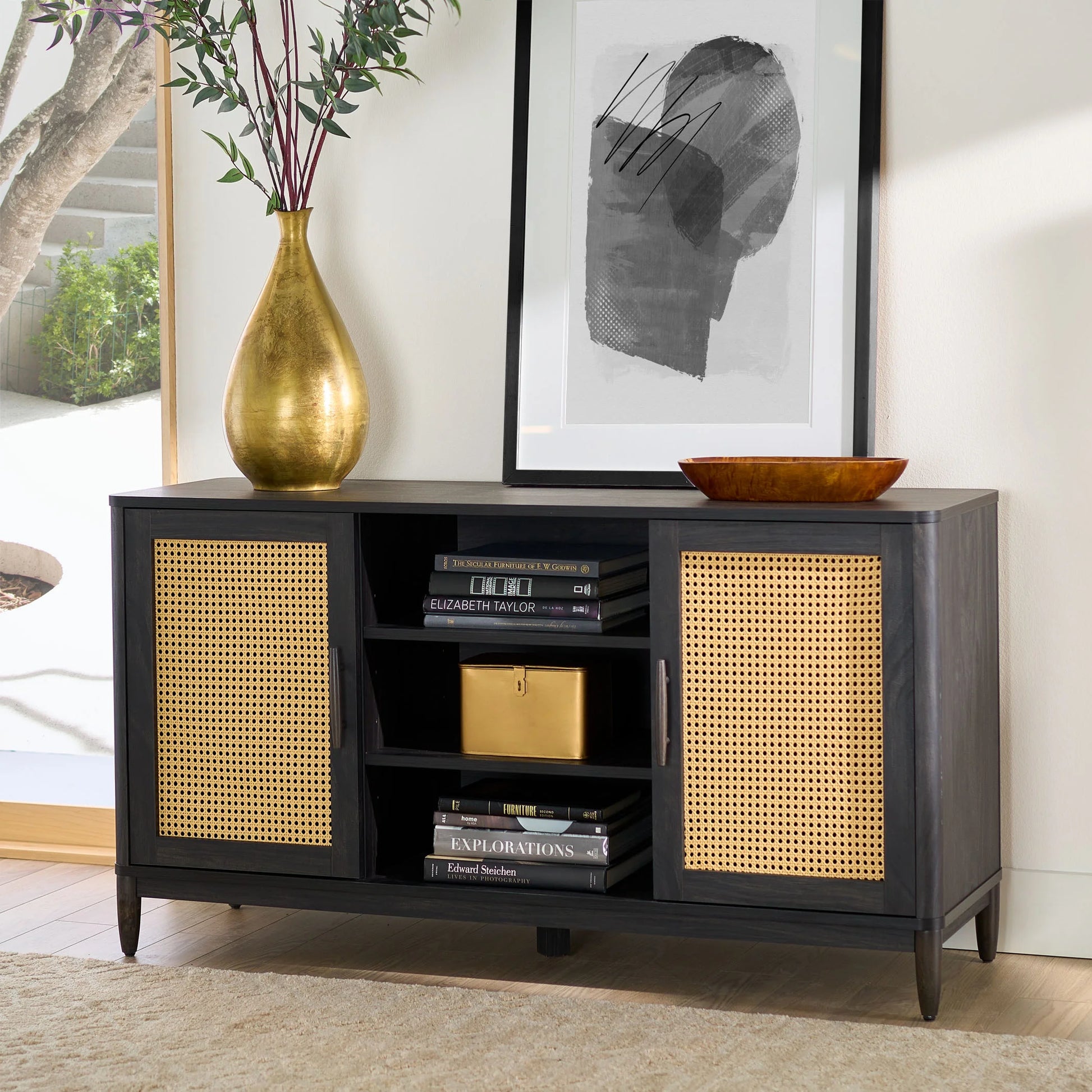 Springwood Cane Media Console - Charcoal TV Stand for TVs Up to 65" - Modern Design