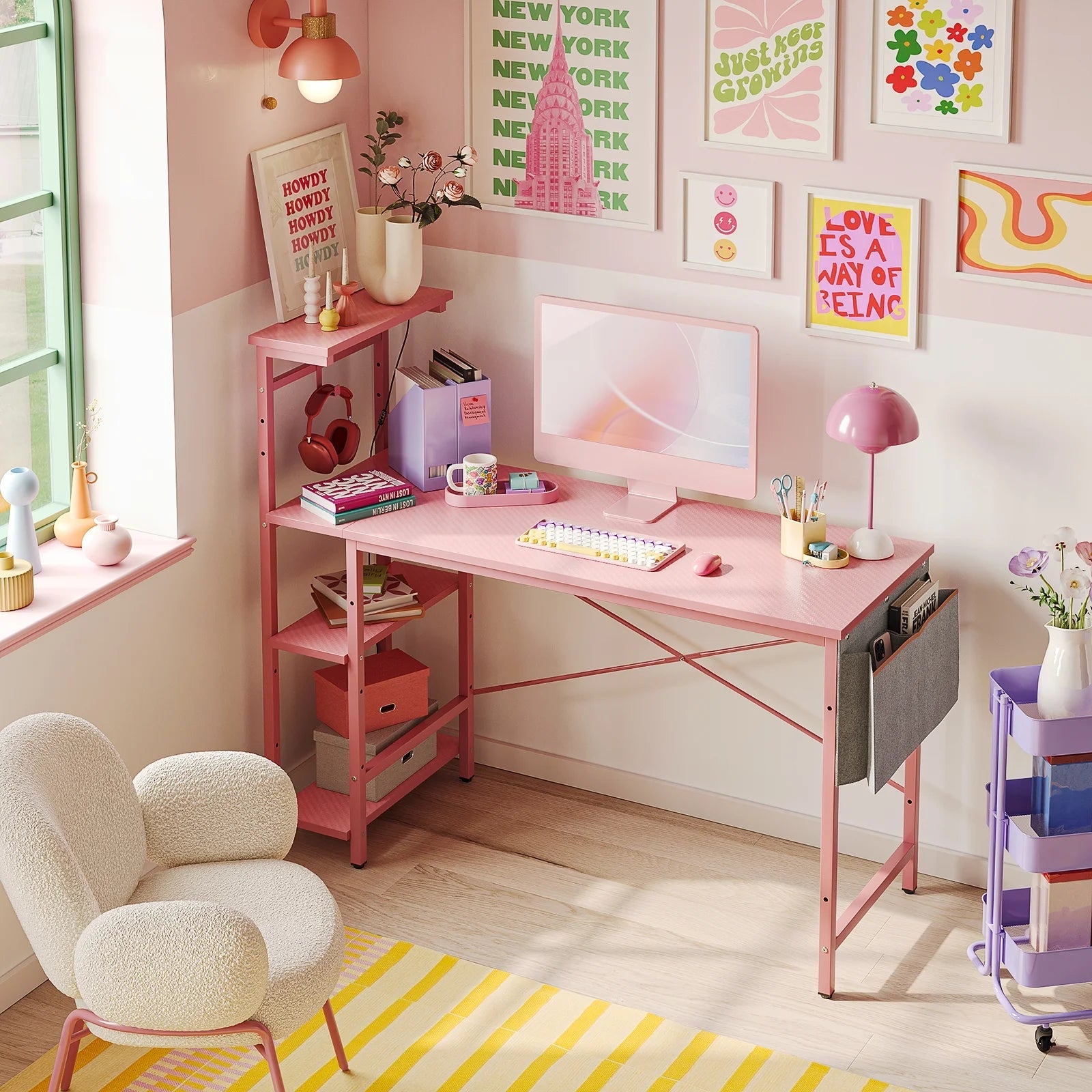 PixelGlow Gaming Desk - 52 Inch with LED Lights & Shelves in Pink