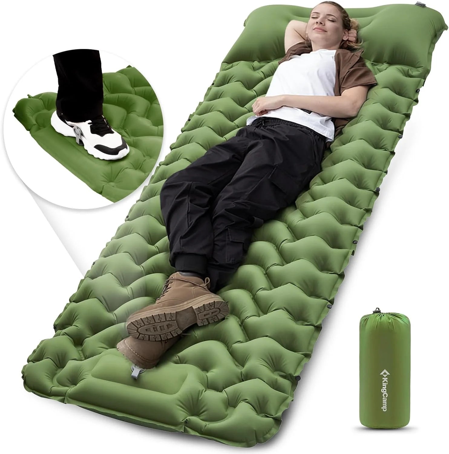 EverRest Inflatable Sleeping Pad with Foot Pump & Pillow – Durable, Compact Mattress for Camping & Hiking – Olive