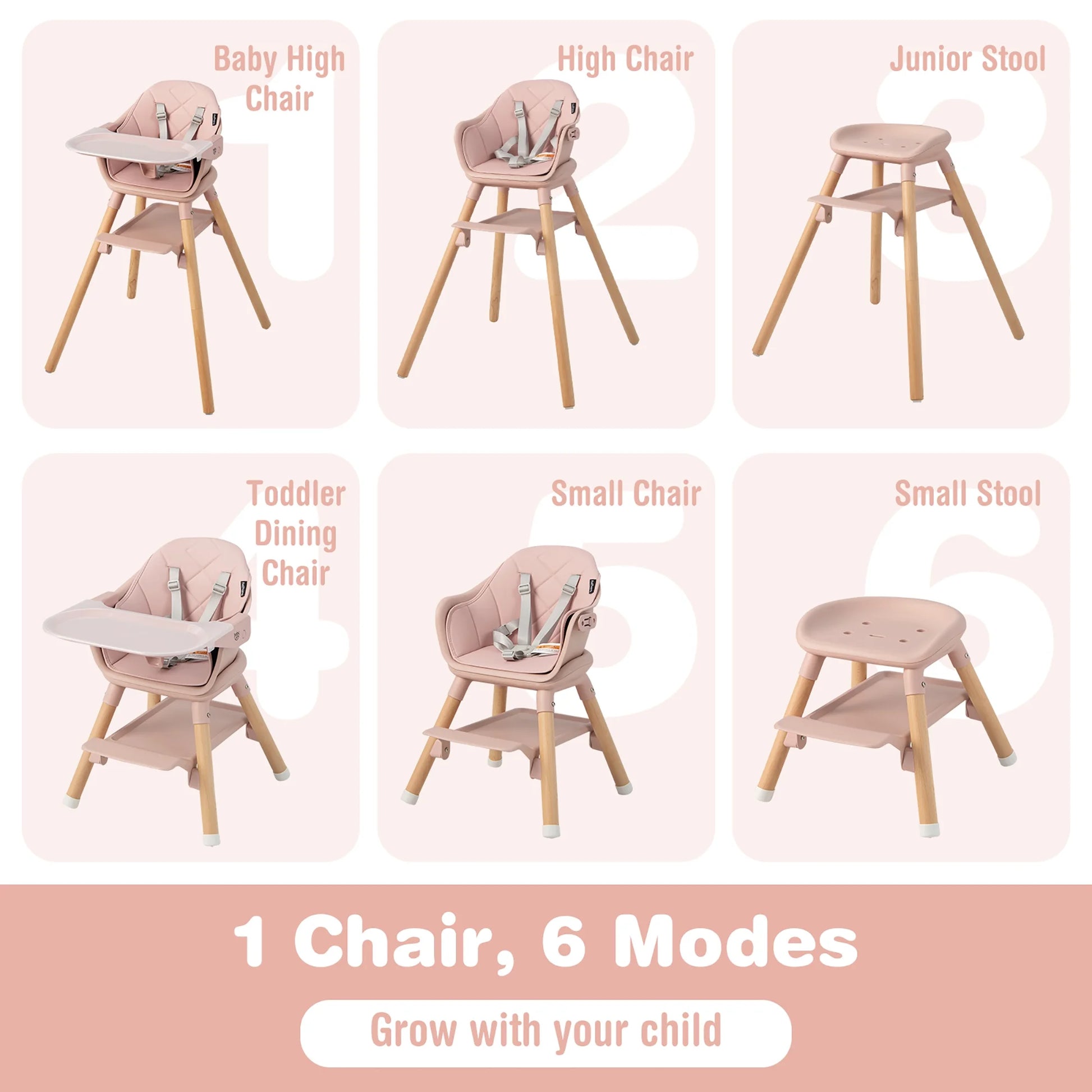 TimberTots 6-in-1 Convertible Baby Highchair - Pink Infant Feeding Chair with Removable Tray