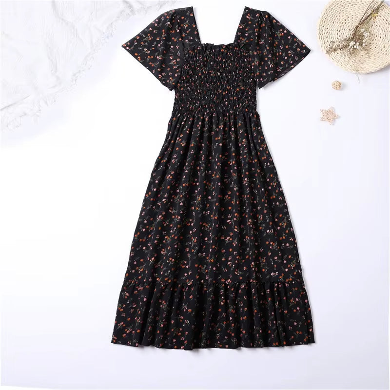 Spring Summer Chiffon Dress Women Midi Dressesfemale Short Sleeve Elastic Waist Printed Floral Pleated Backless Casual Dress
