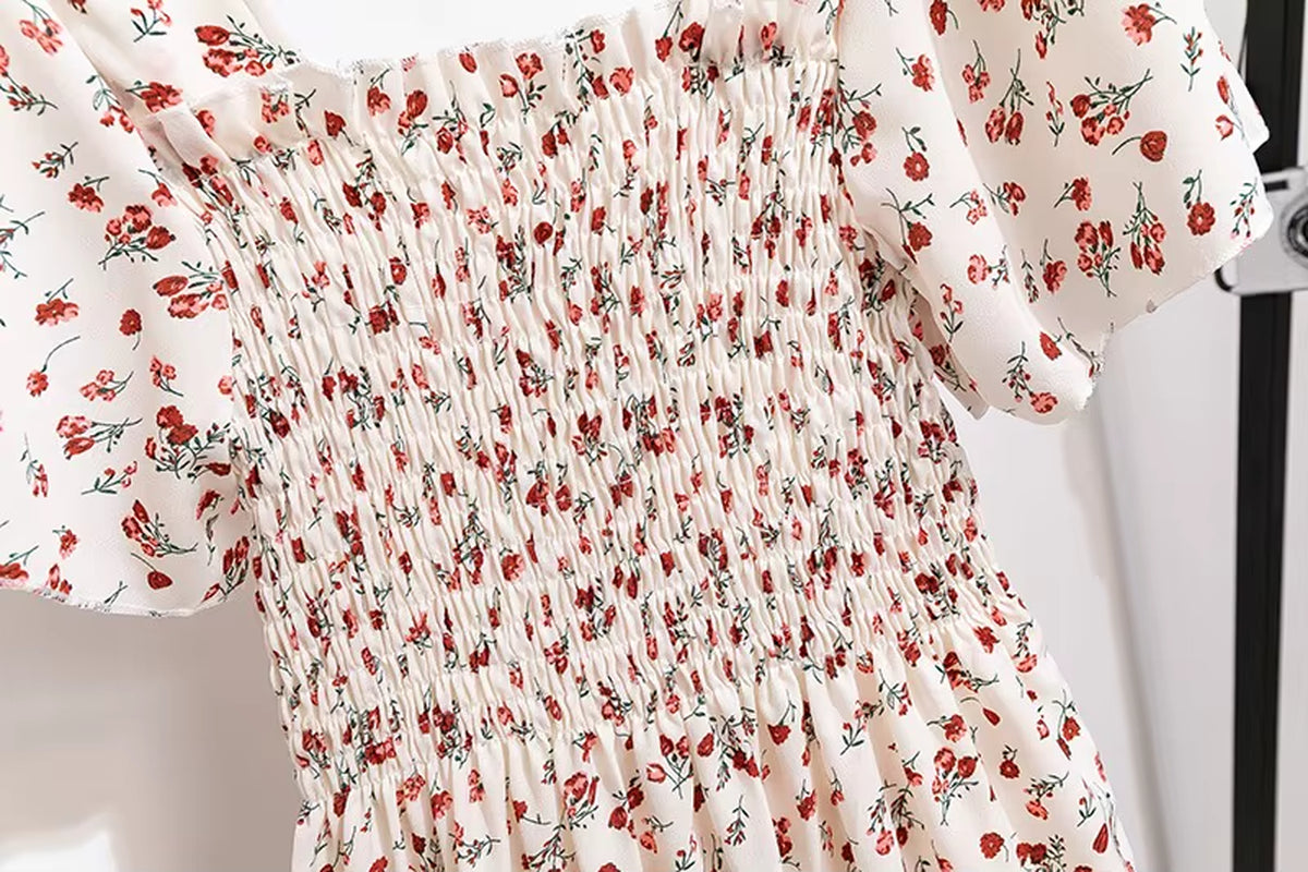Spring Summer Chiffon Dress Women Midi Dressesfemale Short Sleeve Elastic Waist Printed Floral Pleated Backless Casual Dress