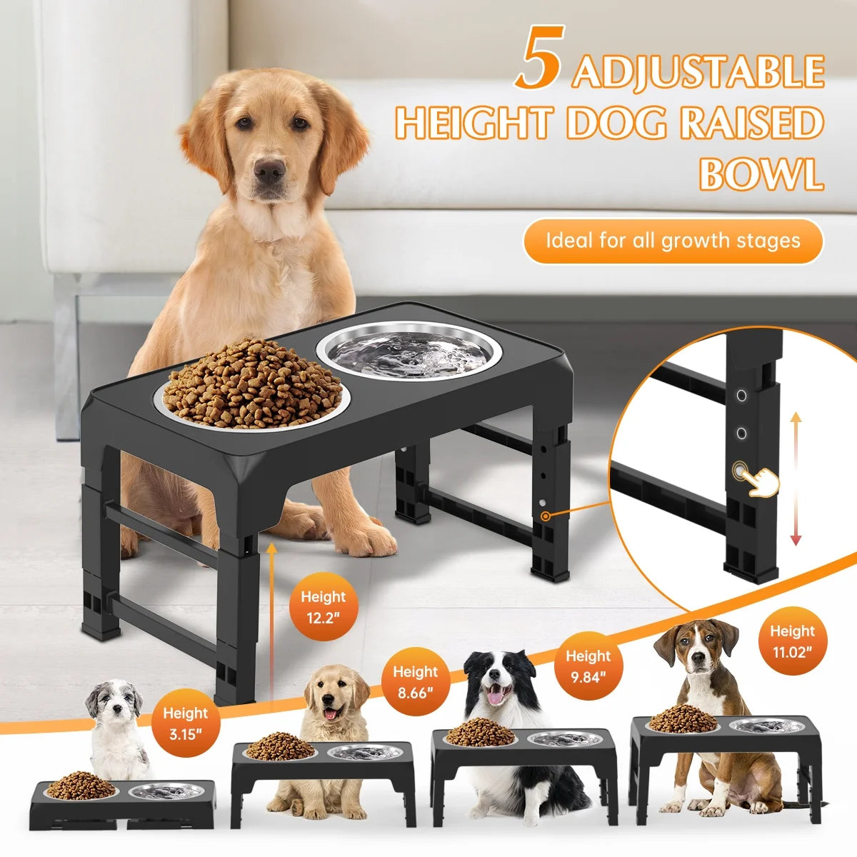 ElevatePro Adjustable Raised Dog Bowl Stand - 5 Heights with 2 Stainless Steel 42Oz Bowls for Dogs & Cats