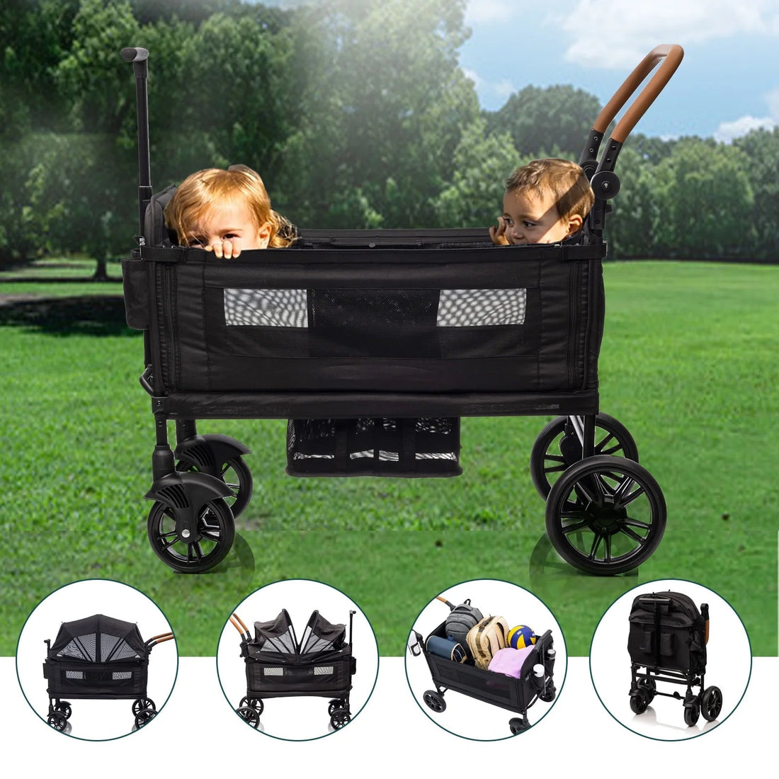 DualRide Wagon Stroller - Lightweight Folding Push-Pull Stroller for Kids & Cargo with Canopy