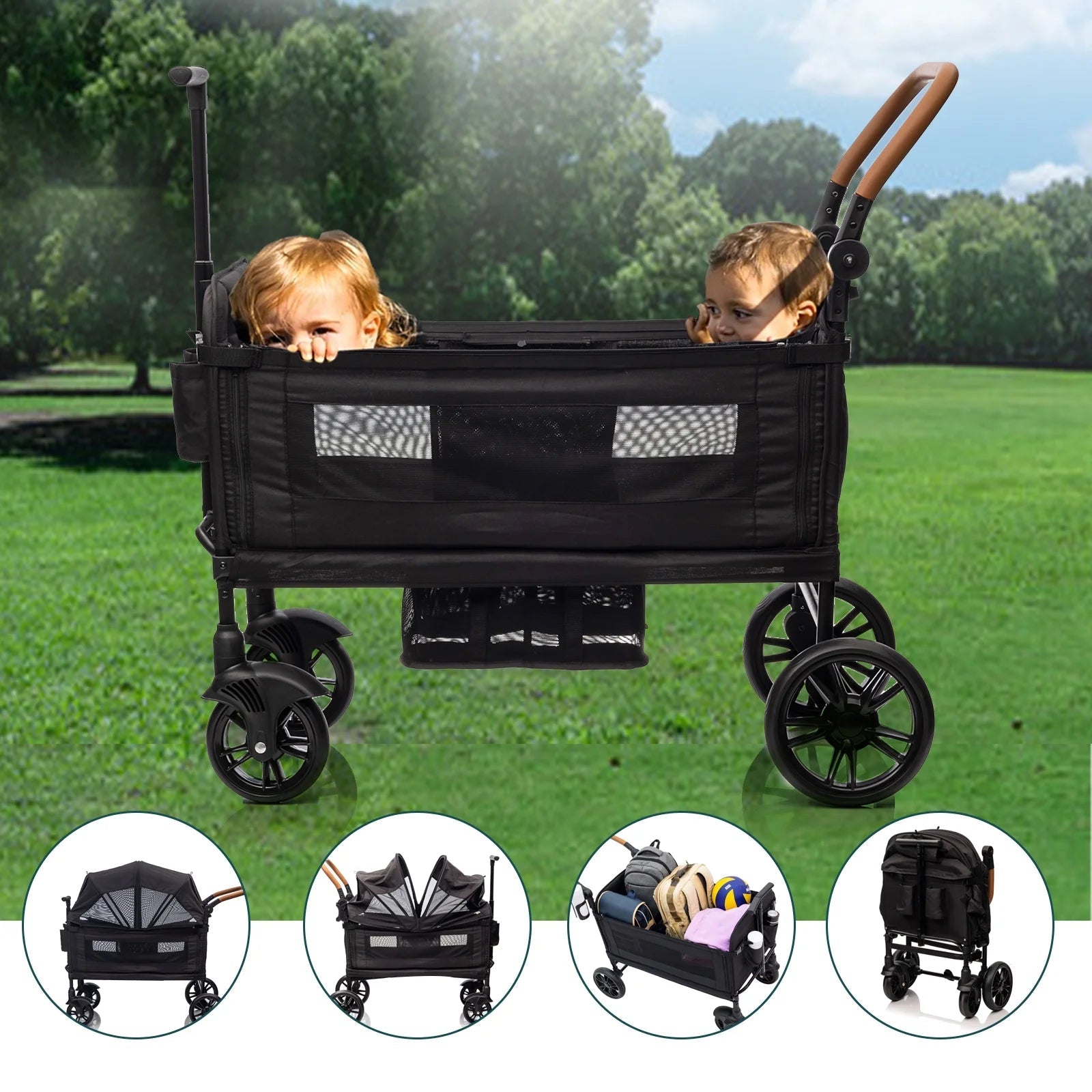 DualRide Wagon Stroller - Lightweight Folding Push-Pull Stroller for Kids & Cargo with Canopy