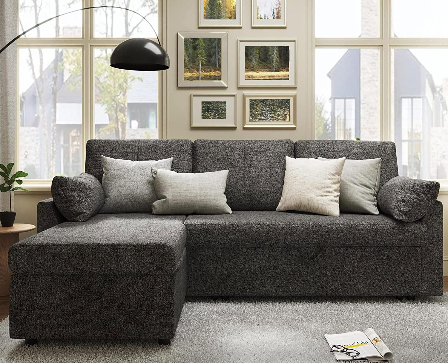 ChicSleep Sofa Bed - Sleeper Sofa with Storage Chaise & Pull-Out Couch in Gray Chenille