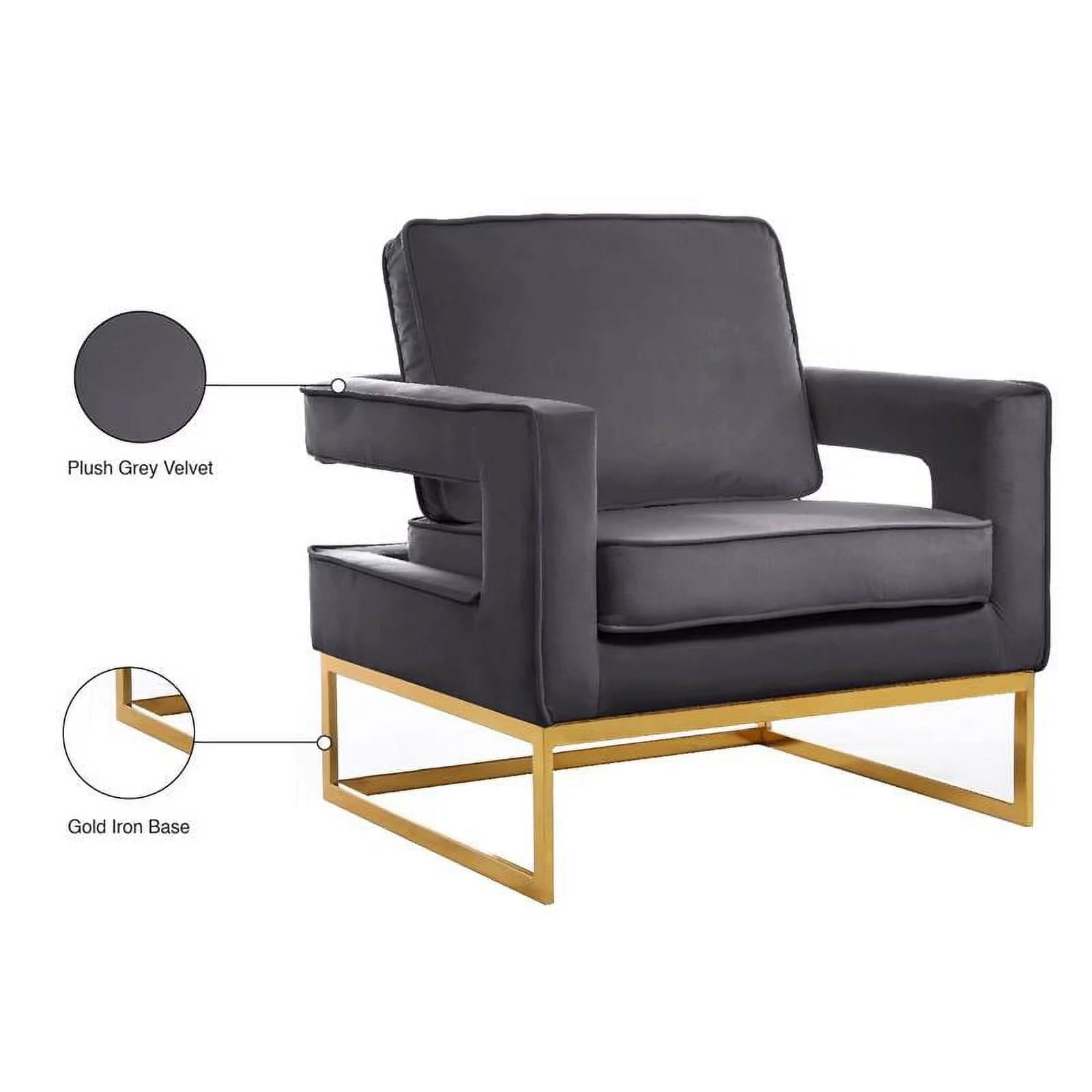 OpulentNoah Gray Velvet Accent Chair - Luxurious Gold Iron Base for Modern Living Space