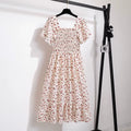 Spring Summer Chiffon Dress Women Midi Dressesfemale Short Sleeve Elastic Waist Printed Floral Pleated Backless Casual Dress
