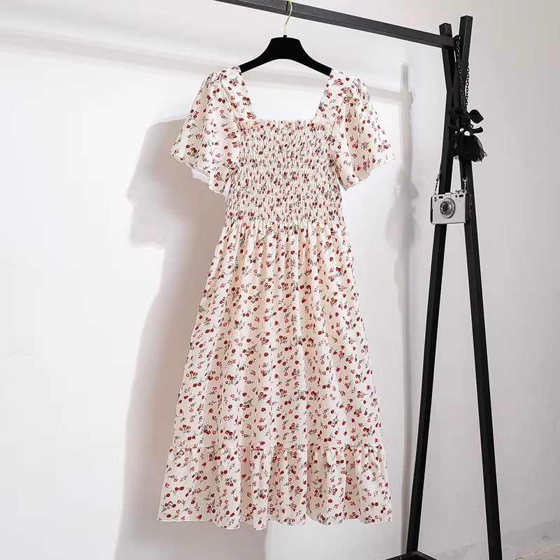 Spring Summer Chiffon Dress Women Midi Dressesfemale Short Sleeve Elastic Waist Printed Floral Pleated Backless Casual Dress