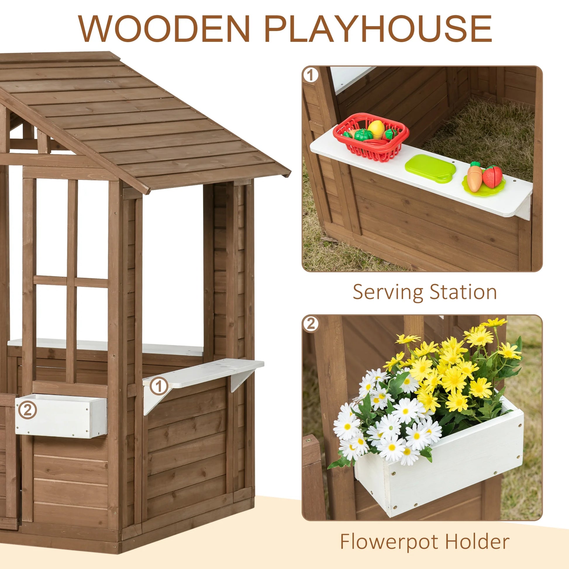SunnyPlay Kids Outdoor Playhouse with Doors & Windows - Brown Wooden Garden Playhouse