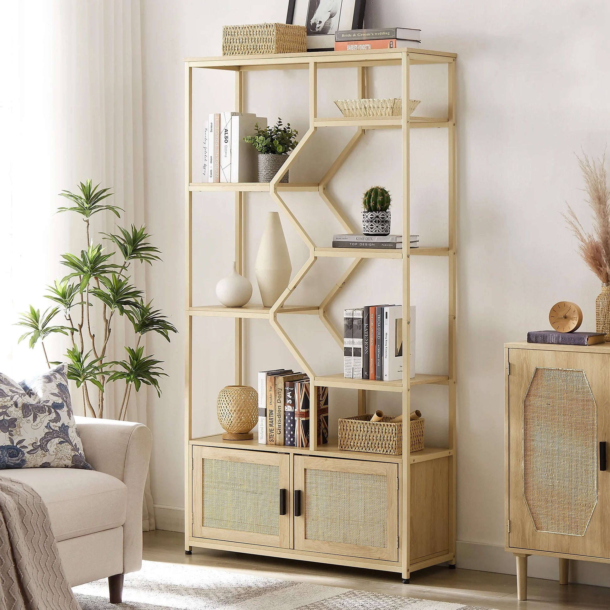 NaturalWood 7-Tier Rattan Bookshelf - Stylish Display & Storage Shelf for Living Room & Office