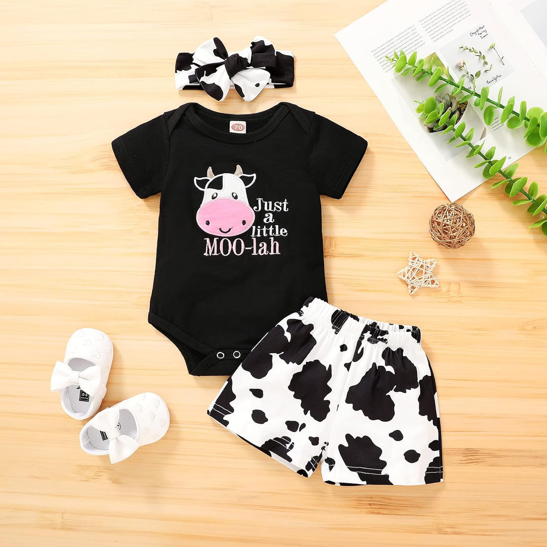 Infant Baby Girl Clothes Summer Black Embroidered Cow Letters Print Romper Cow Spots Shorts Set Toddler Outfits