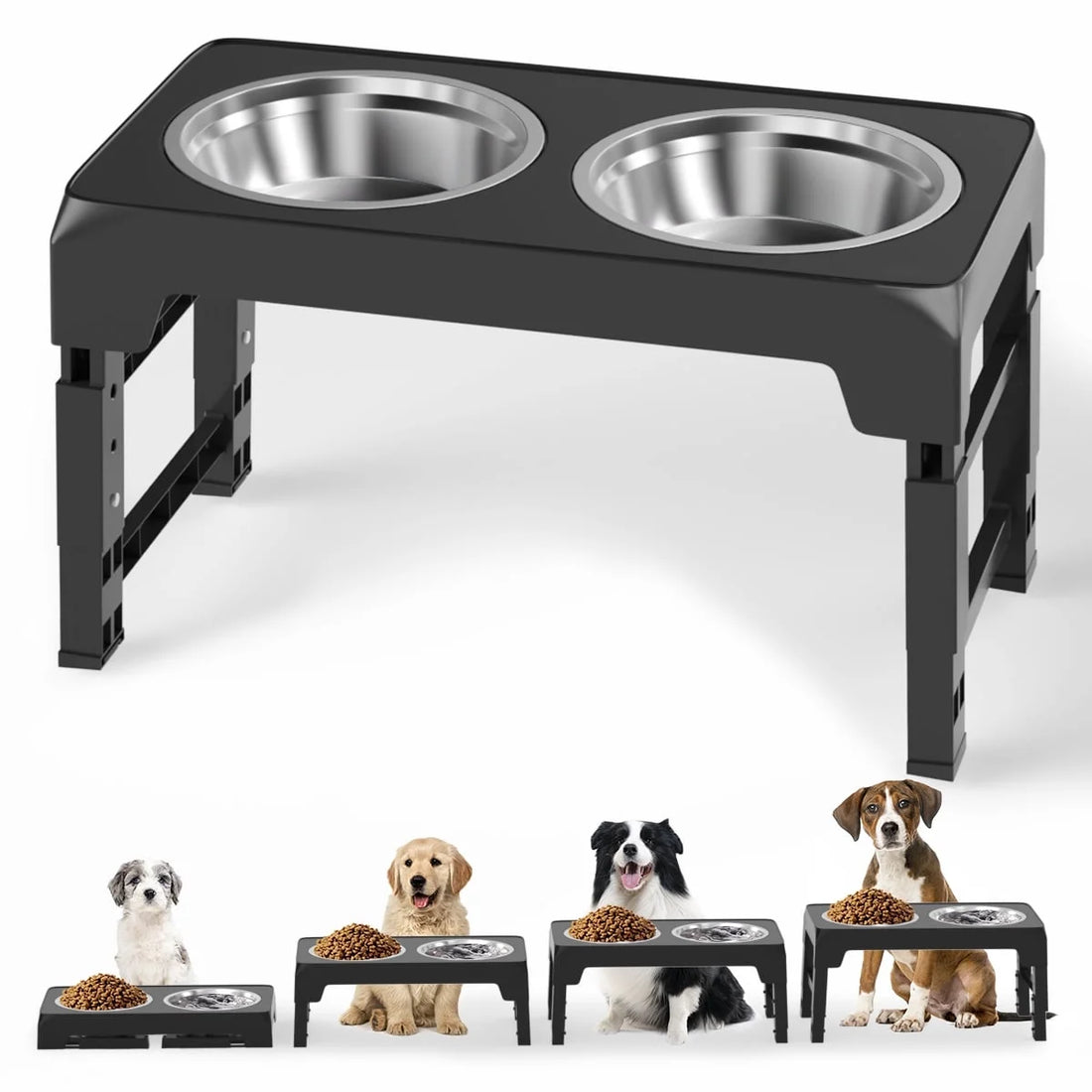 ElevatePro Adjustable Raised Dog Bowl Stand - 5 Heights with 2 Stainless Steel 42Oz Bowls for Dogs & Cats