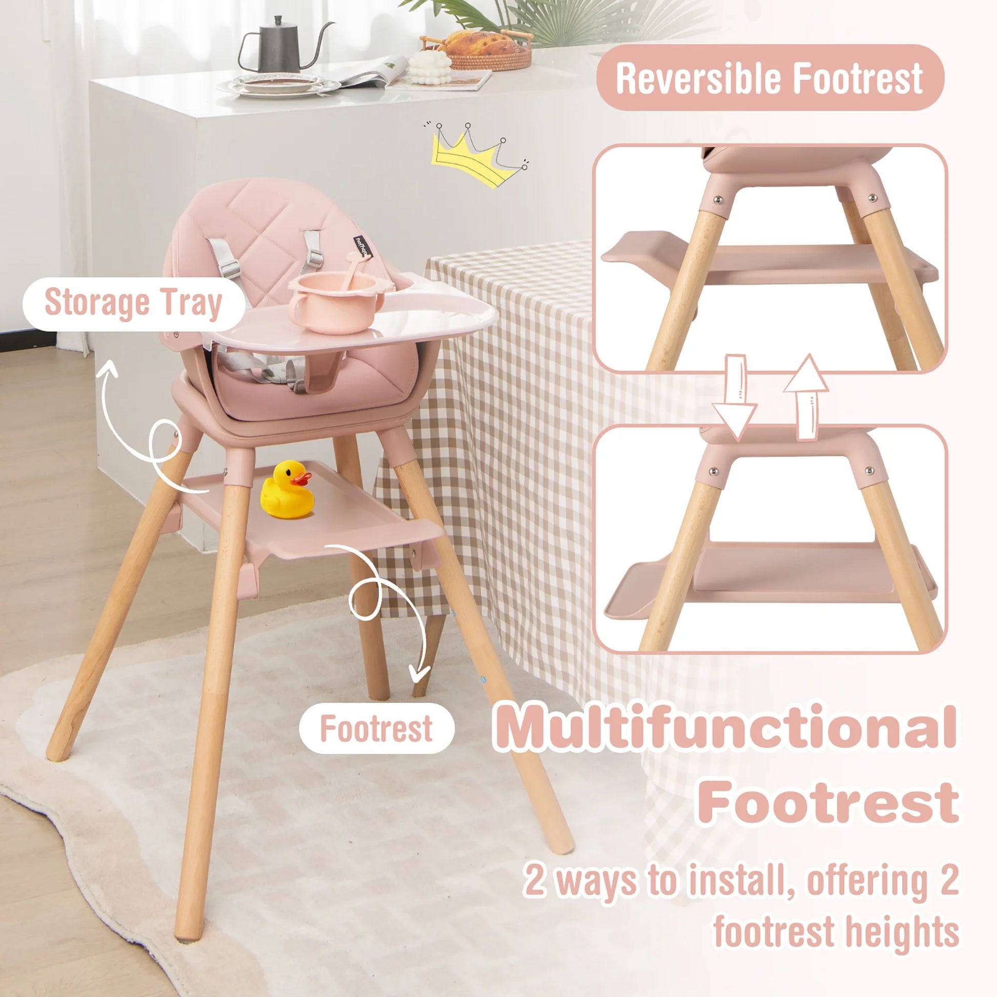 TimberTots 6-in-1 Convertible Baby Highchair - Pink Infant Feeding Chair with Removable Tray