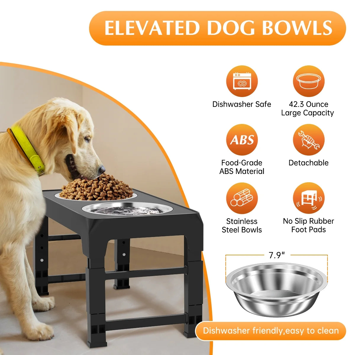 ElevatePro Adjustable Raised Dog Bowl Stand - 5 Heights with 2 Stainless Steel 42Oz Bowls for Dogs & Cats