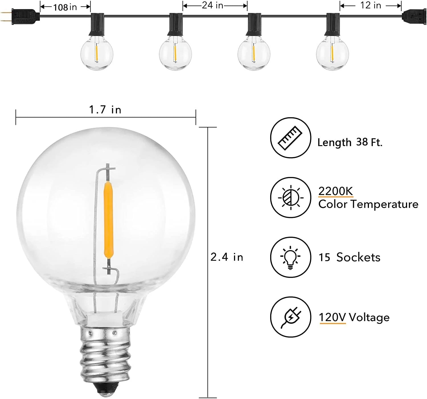 GlowAura 38FT LED Outdoor String Lights - Shatterproof G40 Globe Patio Lights for Garden, Christmas, Backyard