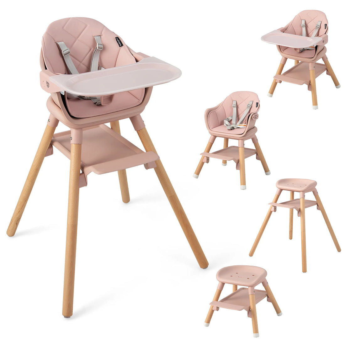 TimberTots 6-in-1 Convertible Baby Highchair - Pink Infant Feeding Chair with Removable Tray