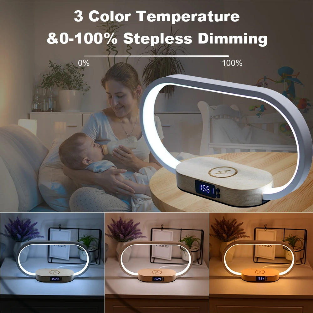 Wooden Usb Bedside Lamp Dimmable Modern Night Light with 15W Fast Wireless Charger